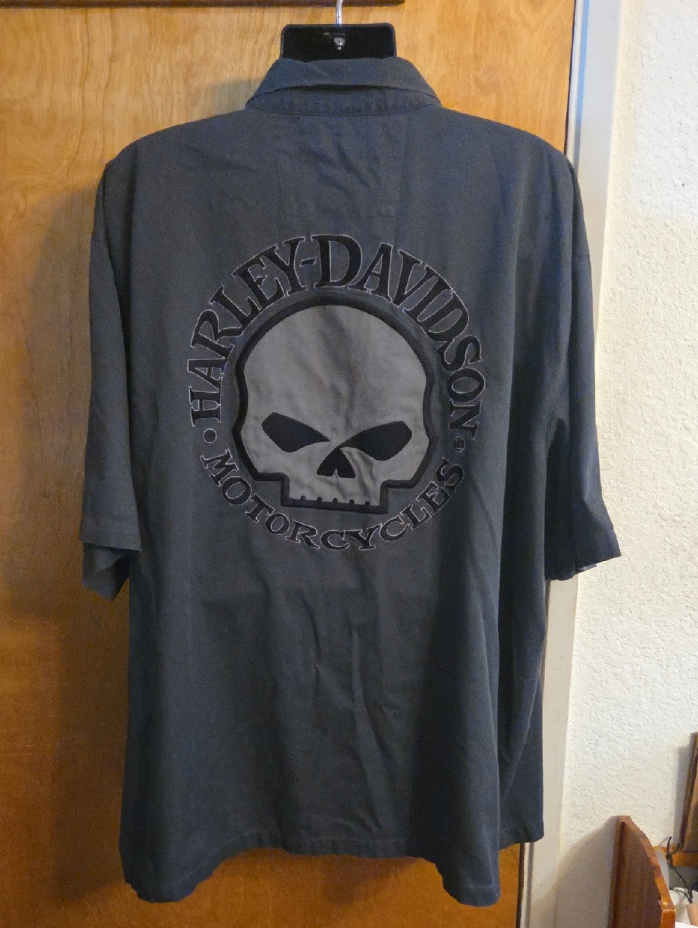 VTG HARLEY DAVIDSON Gigantic SKULL Embroidered Box Pockets Mens Shirt Sleeve 5XL